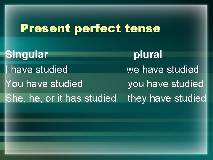 Present perfect tense Singular plural I have studied we have studied You have studied