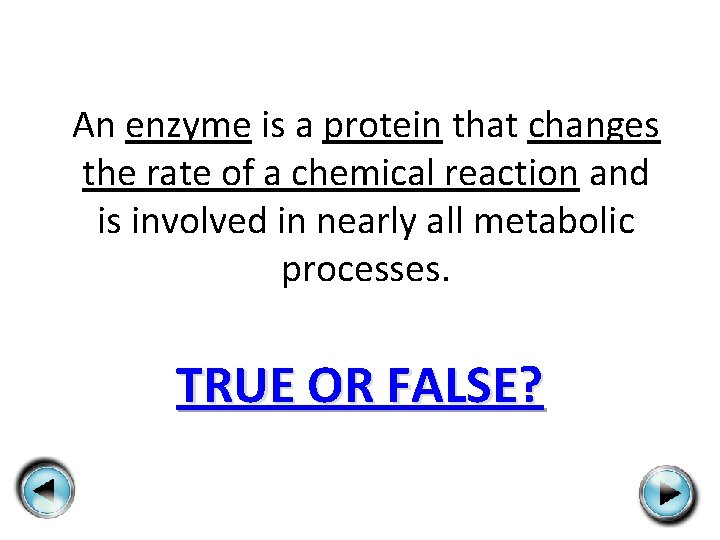 An enzyme is a protein that changes the rate of a chemical reaction and