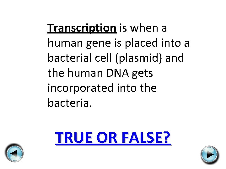 Transcription is when a human gene is placed into a bacterial cell (plasmid) and Transcription is when a human gene is placed into a bacterial cell (plasmid) and