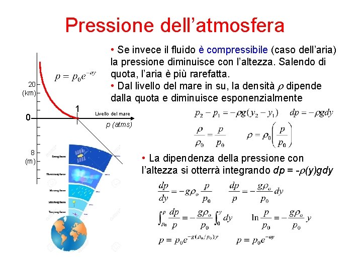 Pressione dell’atmosfera • Se invece il fluido è compressibile (caso dell’aria) la pressione diminuisce