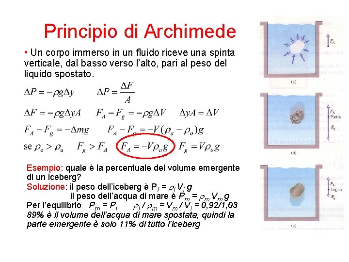 Principio di Archimede • Un corpo immerso in un fluido riceve una spinta verticale,