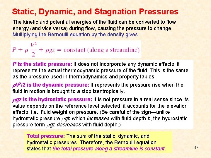 Static, Dynamic, and Stagnation Pressures The kinetic and potential energies of the fluid can