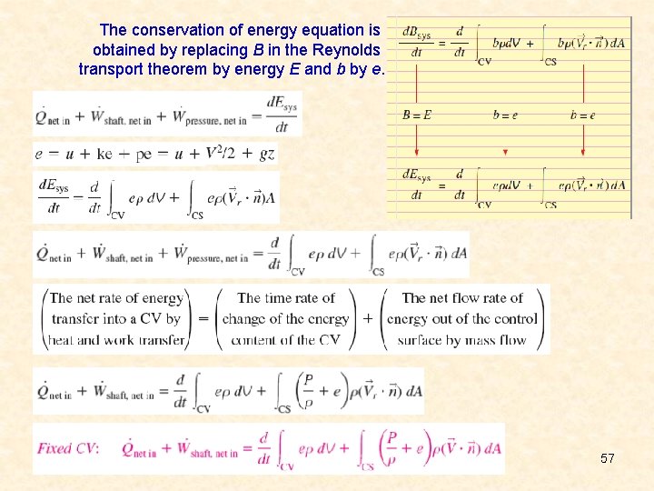 The conservation of energy equation is obtained by replacing B in the Reynolds transport