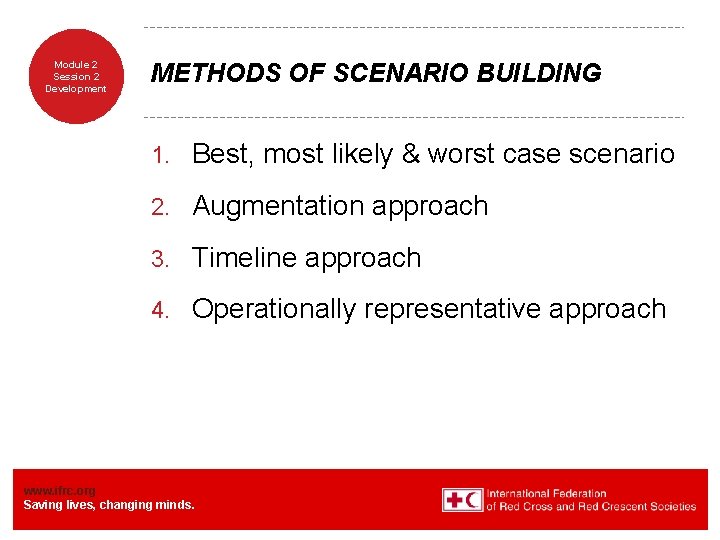 Module 2 Session 2 Development METHODS OF SCENARIO BUILDING 1. Best, most likely &