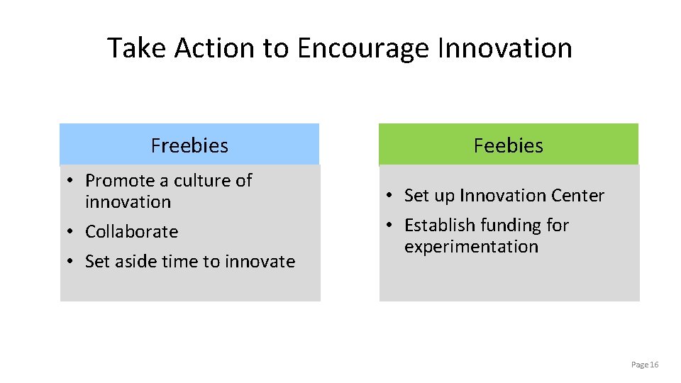 Take Action to Encourage Innovation Freebies • Promote a culture of innovation • Collaborate Take Action to Encourage Innovation Freebies • Promote a culture of innovation • Collaborate