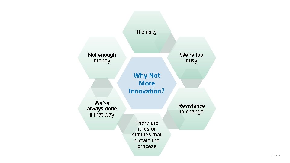 It’s risky Not enough money We’re too busy Why Not More Innovation? We’ve always It’s risky Not enough money We’re too busy Why Not More Innovation? We’ve always