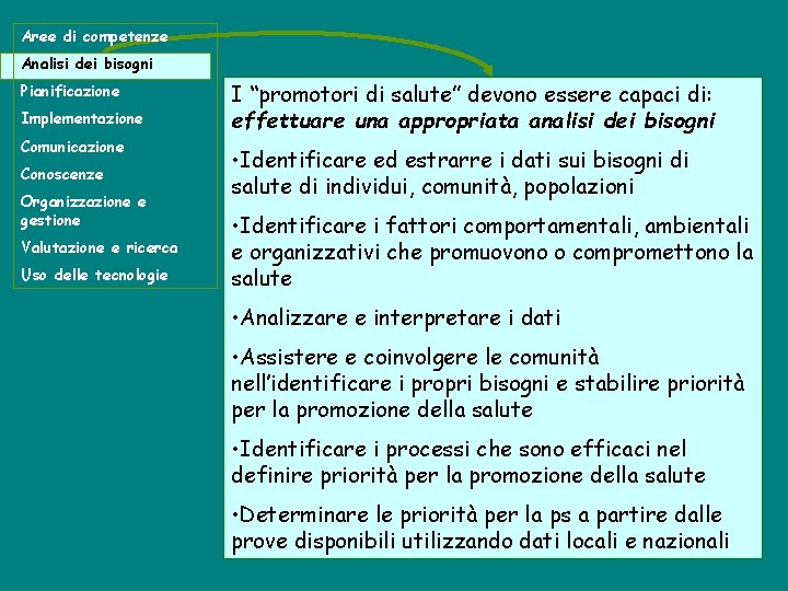 Aree di competenze Analisi dei bisogni Pianificazione Implementazione Comunicazione Conoscenze Organizzazione e gestione Valutazione Aree di competenze Analisi dei bisogni Pianificazione Implementazione Comunicazione Conoscenze Organizzazione e gestione Valutazione