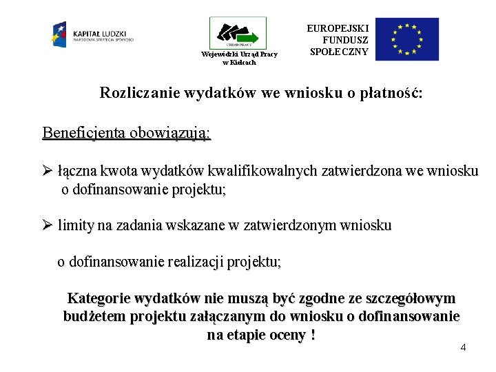 Wojewódzki Urząd Pracy w Kielcach EUROPEJSKI FUNDUSZ SPOŁECZNY Rozliczanie wydatków we wniosku o płatność: