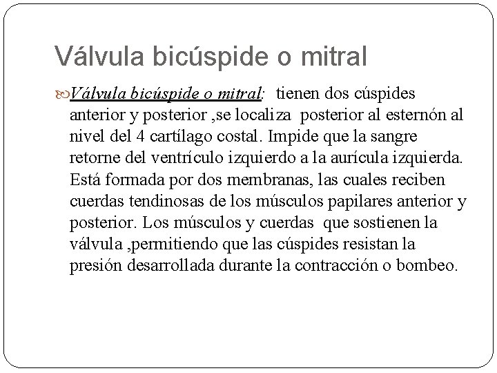 Válvula bicúspide o mitral: tienen dos cúspides anterior y posterior , se localiza posterior