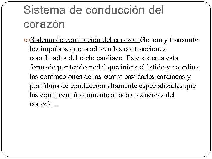 Sistema de conducción del corazón Sistema de conducción del corazon: Genera y transmite los