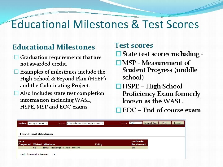 Educational Milestones & Test Scores Educational Milestones � Graduation requirements that are not awarded