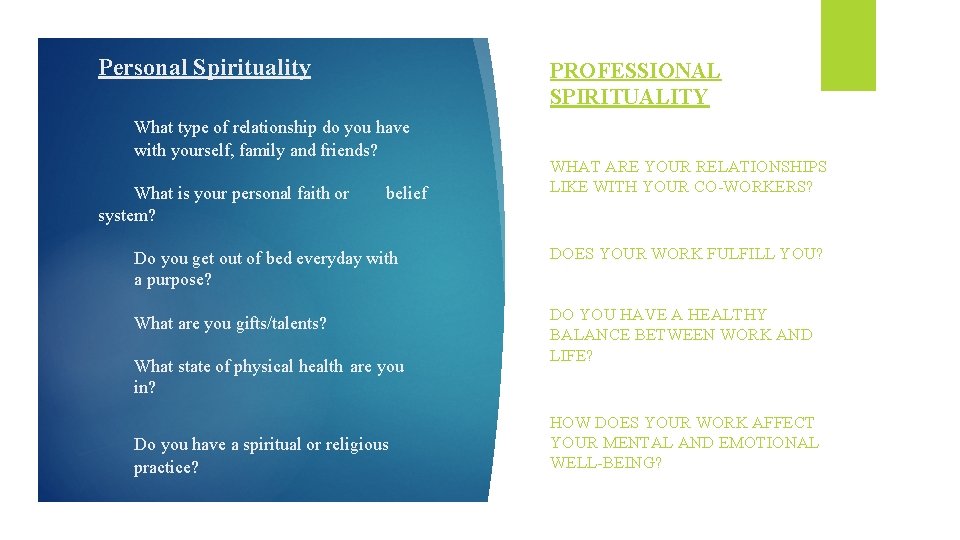 Personal Spirituality PROFESSIONAL SPIRITUALITY What type of relationship do you have with yourself, family