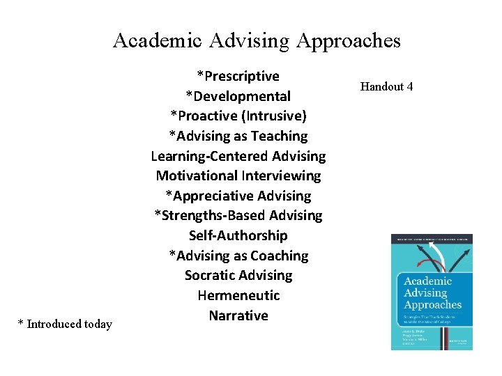 Academic Advising Approaches * Introduced today *Prescriptive *Developmental *Proactive (Intrusive) *Advising as Teaching Learning-Centered