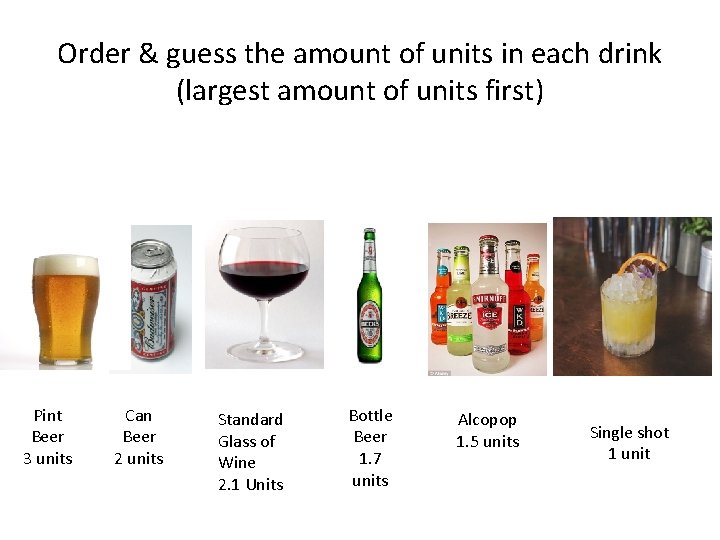 Order & guess the amount of units in each drink (largest amount of units
