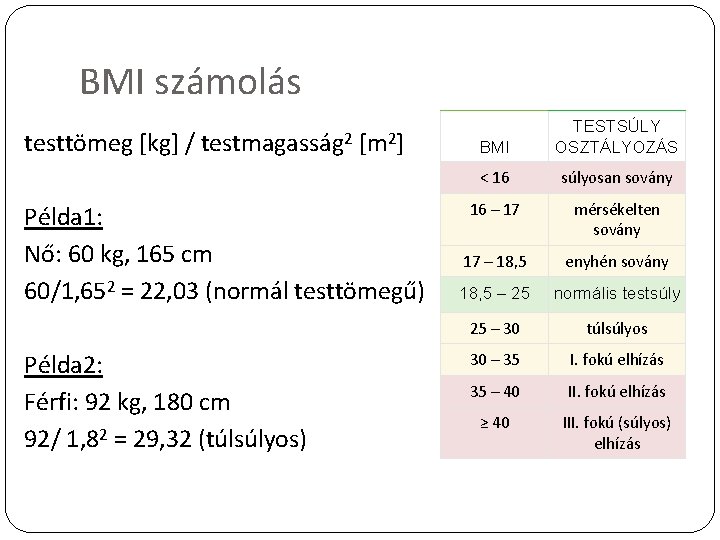 BMI számolás testtömeg [kg] / testmagasság 2 [m 2] Példa 1: Nő: 60 kg,