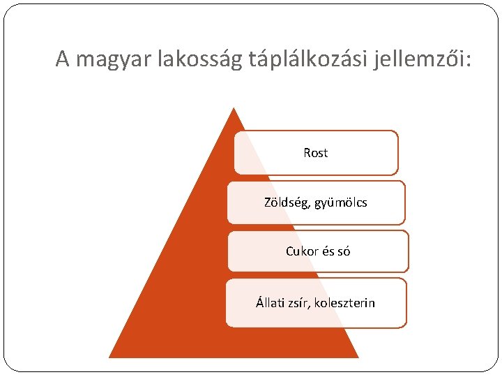 A magyar lakosság táplálkozási jellemzői: Rost Zöldség, gyümölcs Cukor és só Állati zsír, koleszterin