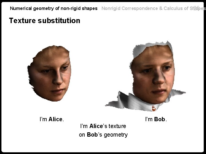 Numerical geometry of non-rigid shapes Nonrigid Correspondence & Calculus of Shapes 25 Texture substitution Numerical geometry of non-rigid shapes Nonrigid Correspondence & Calculus of Shapes 25 Texture substitution