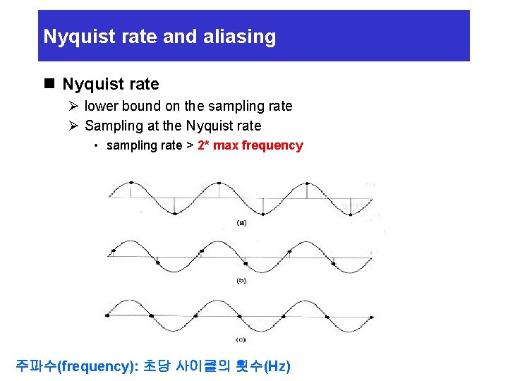 Nyquist rate and aliasing n Nyquist rate Ø lower bound on the sampling rate
