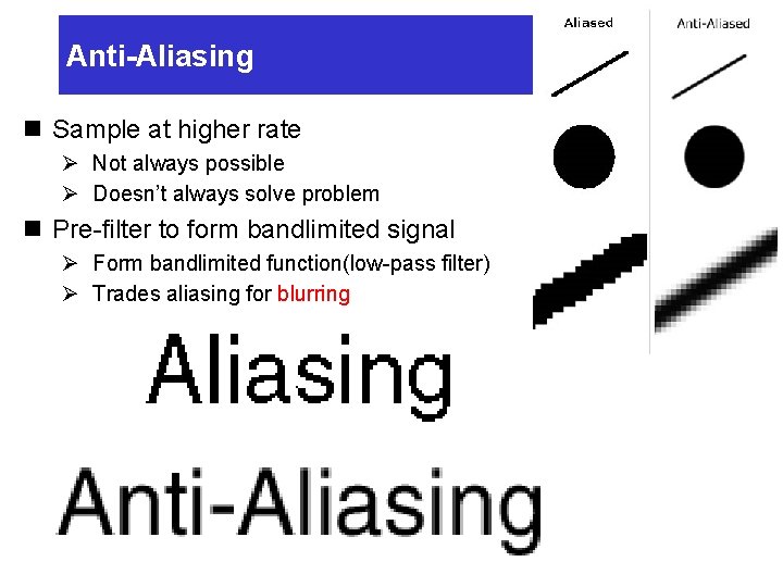 Anti-Aliasing n Sample at higher rate Ø Not always possible Ø Doesn’t always solve