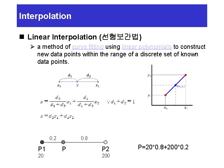 Interpolation n Linear Interpolation (선형보간법) Ø a method of curve fitting using linear polynomials