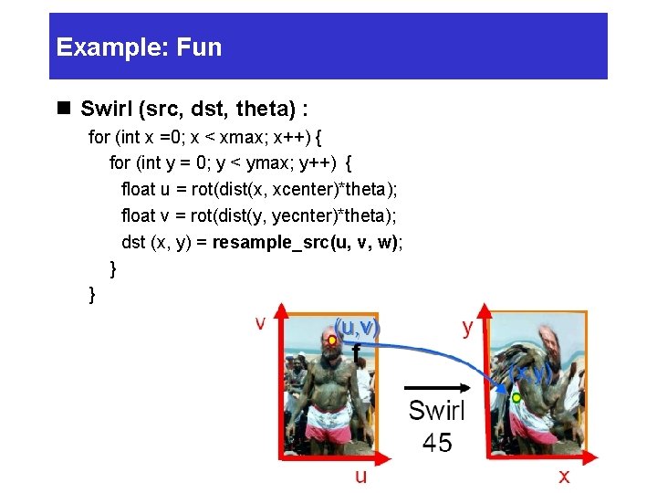 Example: Fun n Swirl (src, dst, theta) : for (int x =0; x <