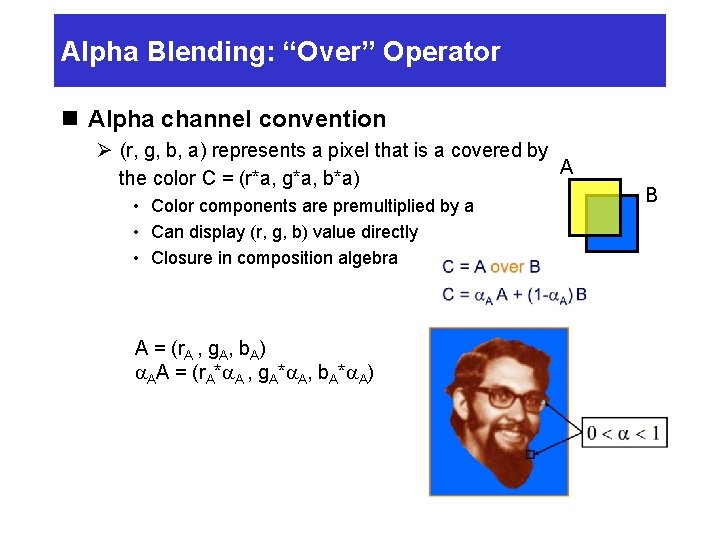 Alpha Blending: “Over” Operator n Alpha channel convention Ø (r, g, b, a) represents