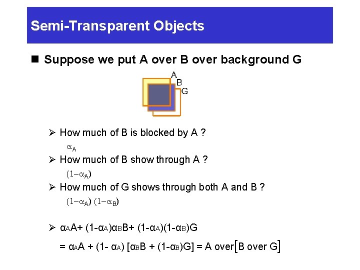 Semi-Transparent Objects n Suppose we put A over B over background G Ø How