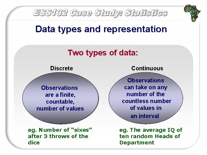 Data types and representation Two types of data: Discrete Continuous Observations are a finite,