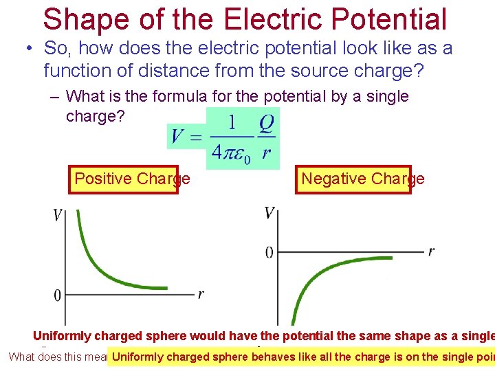 Shape of the Electric Potential • So, how does the electric potential look like