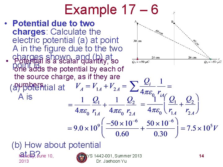 Example 17 – 6 • Potential due to two charges: Calculate the electric potential