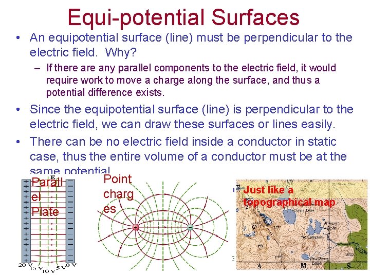 Equi-potential Surfaces • An equipotential surface (line) must be perpendicular to the electric field.