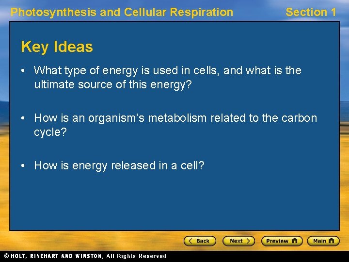 Photosynthesis and Cellular Respiration Section 1 Key Ideas • What type of energy is