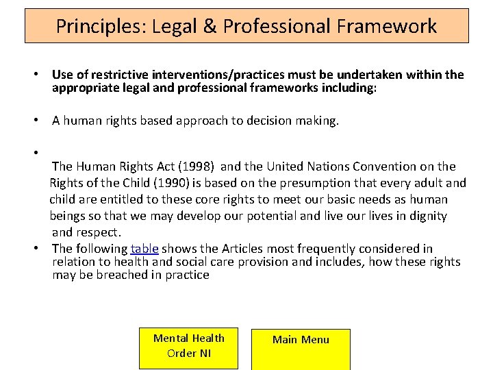 Principles: Legal & Professional Framework • Use of restrictive interventions/practices must be undertaken within Principles: Legal & Professional Framework • Use of restrictive interventions/practices must be undertaken within