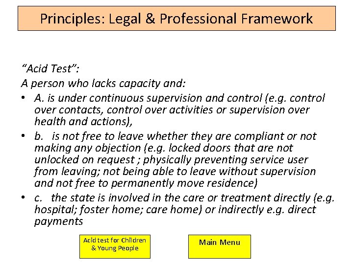 Principles: Legal & Professional Framework “Acid Test”: A person who lacks capacity and: • Principles: Legal & Professional Framework “Acid Test”: A person who lacks capacity and: •