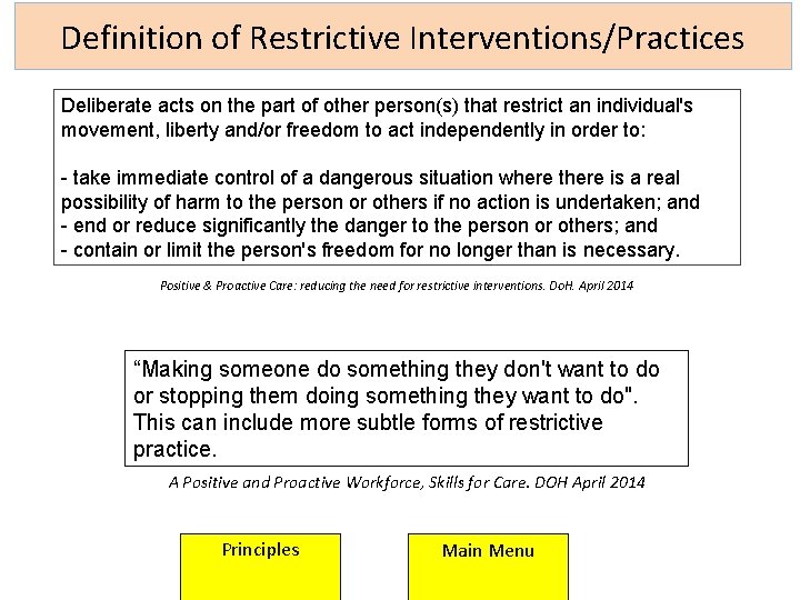 Definition of Restrictive Interventions/Practices Deliberate acts on the part of other person(s) that restrict Definition of Restrictive Interventions/Practices Deliberate acts on the part of other person(s) that restrict