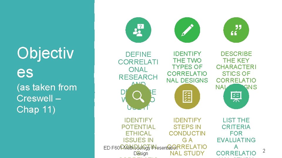 Objectiv es (as taken from Creswell – Chap 11) DEFINE CORRELATI ONAL RESEARCH AND Objectiv es (as taken from Creswell – Chap 11) DEFINE CORRELATI ONAL RESEARCH AND