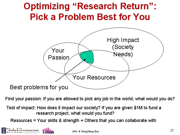 Optimizing “Research Return”: Pick a Problem Best for You High Impact (Society Needs) Your