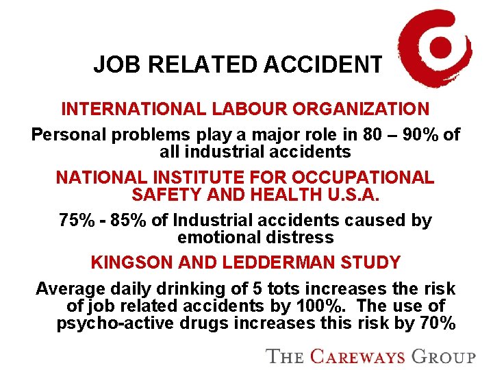 JOB RELATED ACCIDENTS INTERNATIONAL LABOUR ORGANIZATION Personal problems play a major role in 80