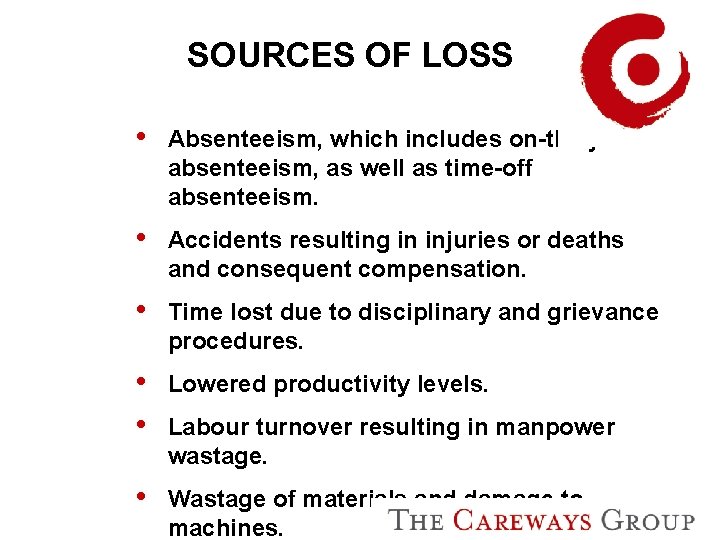 SOURCES OF LOSS i Absenteeism, which includes on-the-job absenteeism, as well as time-off absenteeism.