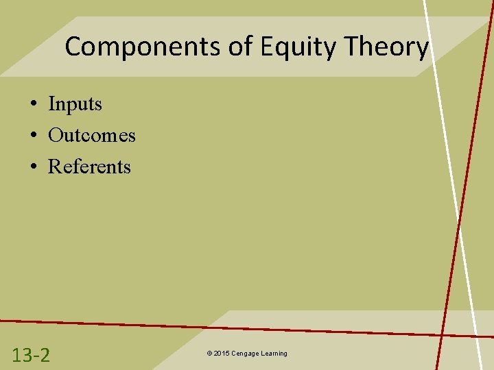 Components of Equity Theory • Inputs • Outcomes • Referents 13 -2 © 2015