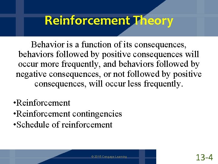 Reinforcement Theory Behavior is a function of its consequences, behaviors followed by positive consequences