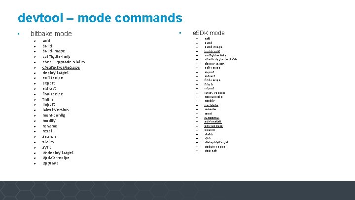 devtool – mode commands • bitbake mode add build-image configure-help check-upgrade-status create-workspace deploy-target edit-recipe