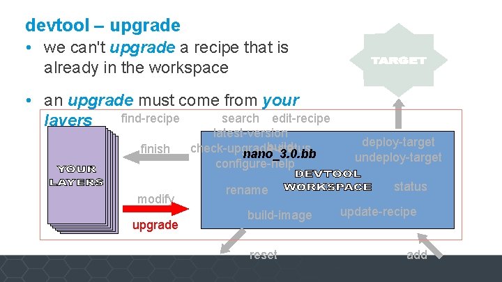 devtool – upgrade • we can't upgrade a recipe that is already in the