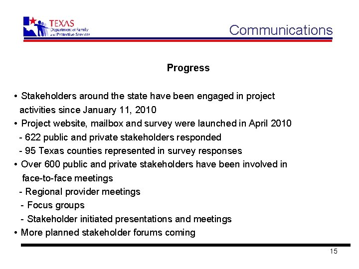 Communications Progress • Stakeholders around the state have been engaged in project activities since