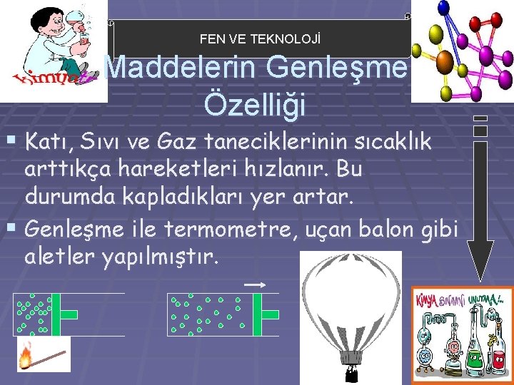 FEN VE TEKNOLOJİ Maddelerin Genleşme Özelliği § Katı, Sıvı ve Gaz taneciklerinin sıcaklık arttıkça