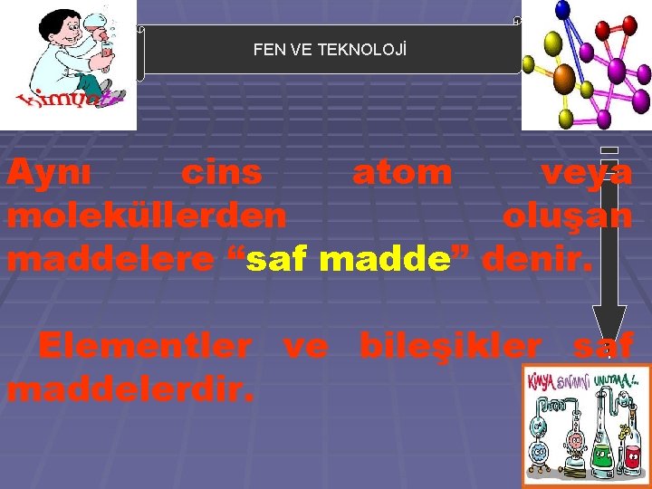 FEN VE TEKNOLOJİ Aynı cins atom veya moleküllerden oluşan maddelere “saf madde” denir. Elementler