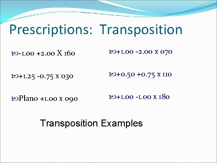 Prescriptions: Transposition -1. 00 +2. 00 X 160 +1. 00 -2. 00 x 070