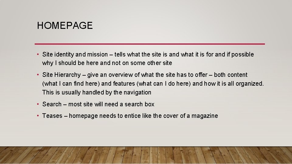 HOMEPAGE • Site identity and mission – tells what the site is and what