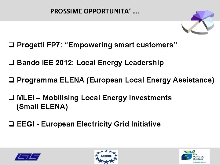 PROSSIME OPPORTUNITA’ …. q Progetti FP 7: “Empowering smart customers” q Bando IEE 2012:
