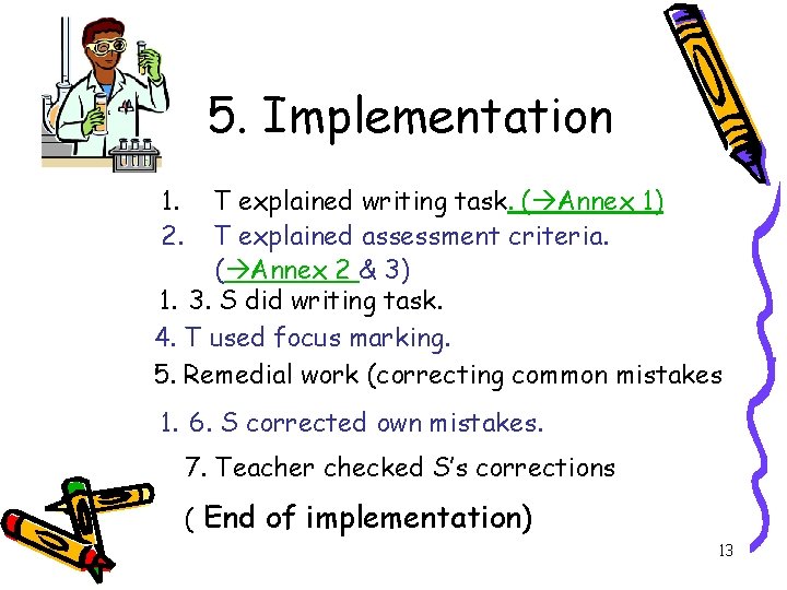 5. Implementation 1. 2. T explained writing task. ( Annex 1) T explained assessment 5. Implementation 1. 2. T explained writing task. ( Annex 1) T explained assessment